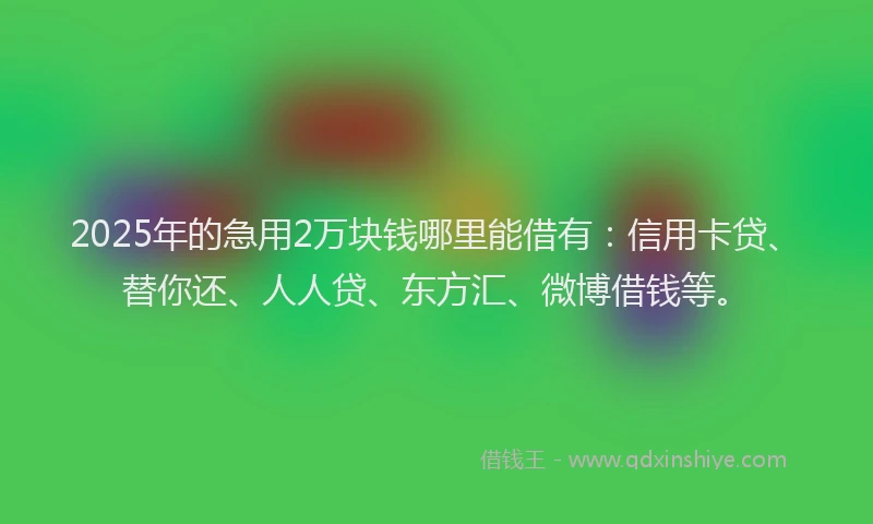 2025年的急用2万块钱哪里能借有：信用卡贷、替你还、人人贷、东方汇、微博借钱等。