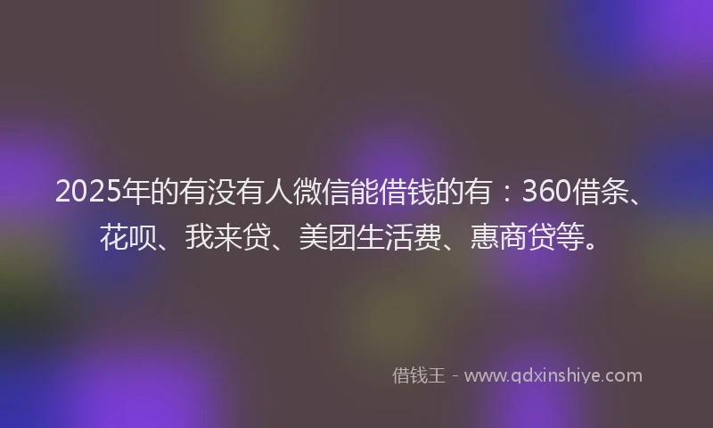 2025年的有没有人微信能借钱的有：360借条、花呗、我来贷、美团生活费、惠商贷等。