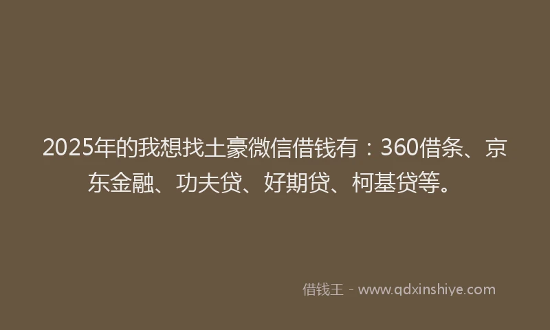 2025年的我想找土豪微信借钱有：360借条、京东金融、功夫贷、好期贷、柯基贷等。