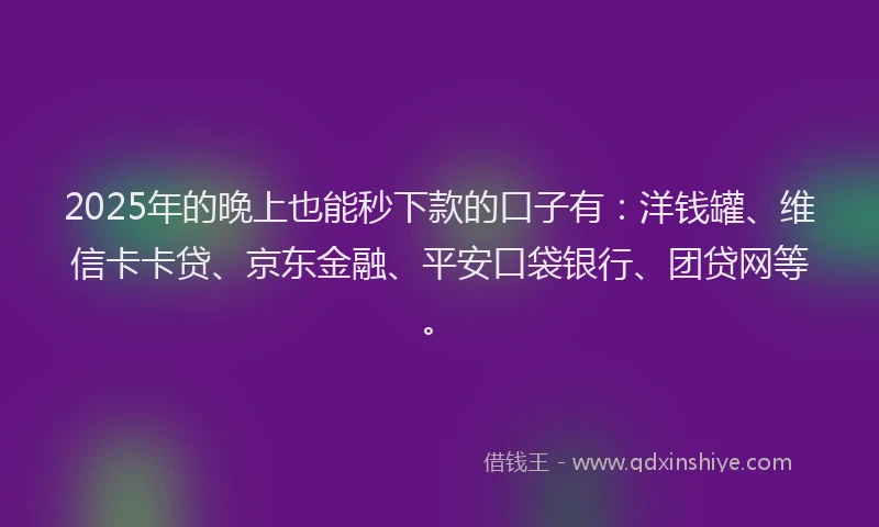 2025年的晚上也能秒下款的口子有:洋钱罐、维信卡卡贷、京东金融、平安口袋银行、团贷网等。