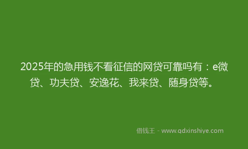 2025年的急用钱不看征信的网贷可靠吗有：e微贷、功夫贷、安逸花、我来贷、随身贷等。