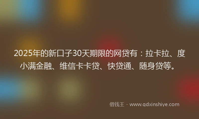 2025年的新口子30天期限的网贷有：拉卡拉、度小满金融、维信卡卡贷、快贷通、随身贷等。