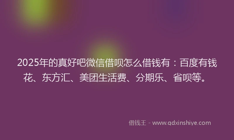 2025年的真好吧微信借呗怎么借钱有：百度有钱花、东方汇、美团生活费、分期乐、省呗等。