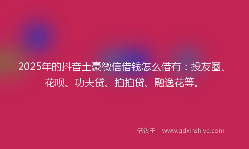 2025年的抖音土豪微信借钱怎么借有：投友圈、花呗、功夫贷、拍拍贷、融逸花等。