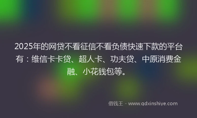 2025年的网贷不看征信不看负债快速下款的平台有：维信卡卡贷、超人卡、功夫贷、中原消费金融、小花钱包等。
