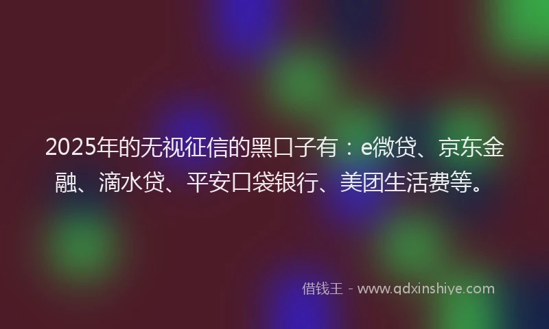 2025年的无视征信的黑口子有：e微贷、京东金融、滴水贷、平安口袋银行、美团生活费等。