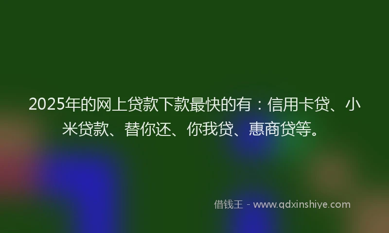 2025年的网上贷款下款最快的有：信用卡贷、小米贷款、替你还、你我贷、惠商贷等。