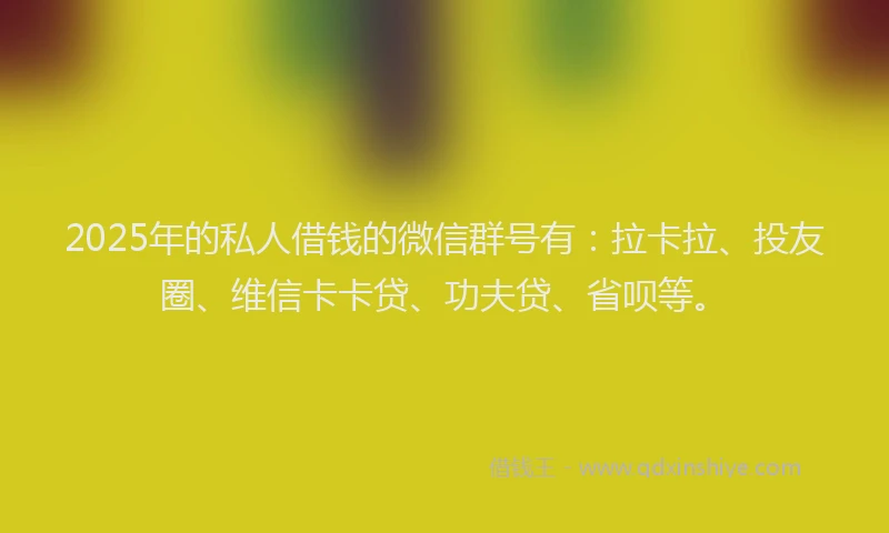 2025年的私人借钱的微信群号有：拉卡拉、投友圈、维信卡卡贷、功夫贷、省呗等。