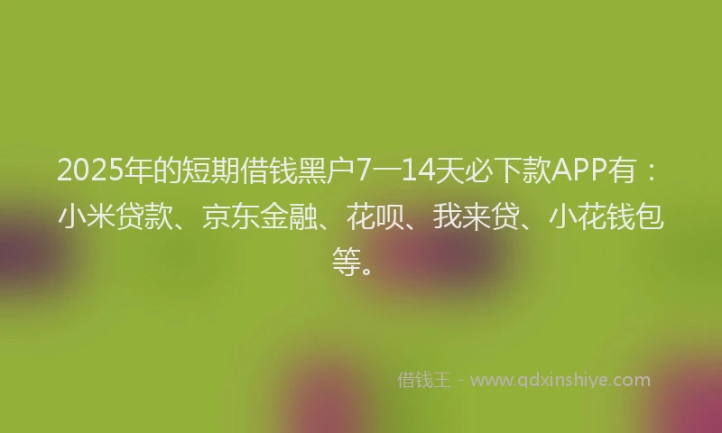 2025年的短期借钱黑户7一14天必下款APP有：小米贷款、京东金融、花呗、我来贷、小花钱包等。