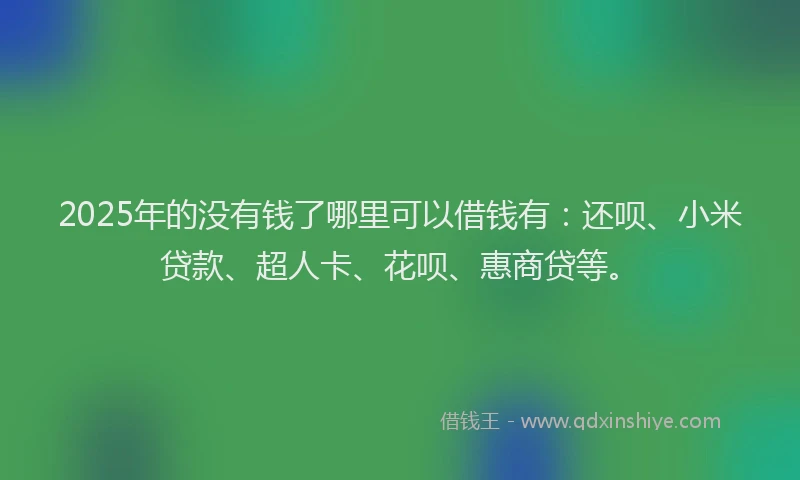 2025年的没有钱了哪里可以借钱有：还呗、小米贷款、超人卡、花呗、惠商贷等。