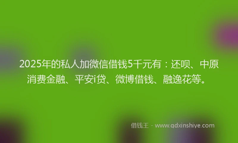 2025年的私人加微信借钱5千元有：还呗、中原消费金融、平安i贷、微博借钱、融逸花等。