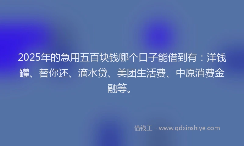 2025年的急用五百块钱哪个口子能借到有:洋钱罐、替你还、滴水贷、美团生活费、中原消费金融等。