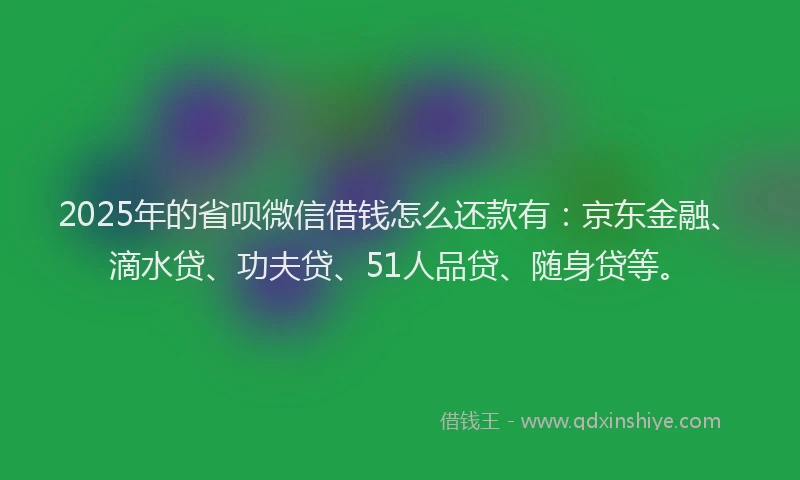 2025年的省呗微信借钱怎么还款有：京东金融、滴水贷、功夫贷、51人品贷、随身贷等。