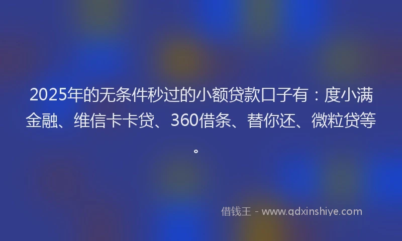 2025年的无条件秒过的小额贷款口子有：度小满金融、维信卡卡贷、360借条、替你还、微粒贷等。