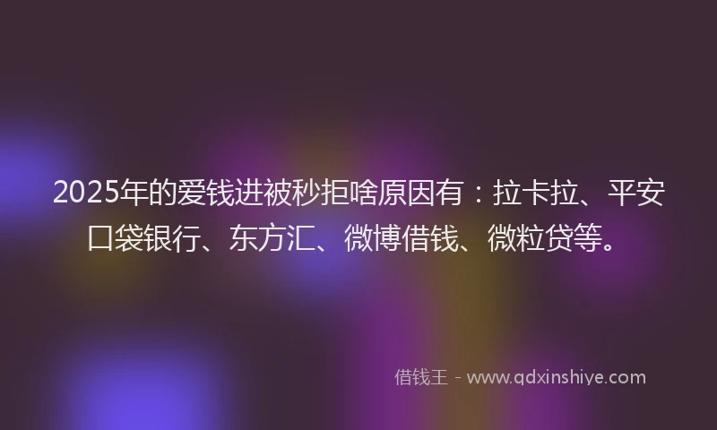 2025年的爱钱进被秒拒啥原因有：拉卡拉、平安口袋银行、东方汇、微博借钱、微粒贷等。