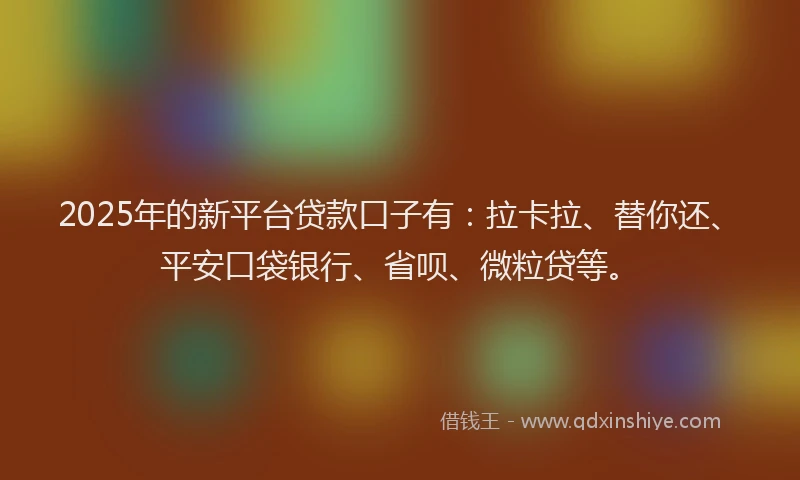 2025年的新平台贷款口子有：拉卡拉、替你还、平安口袋银行、省呗、微粒贷等。