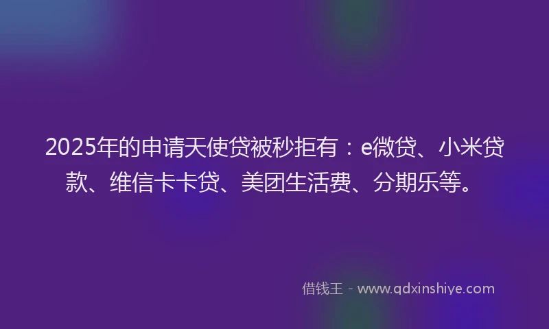 2025年的申请天使贷被秒拒有：e微贷、小米贷款、维信卡卡贷、美团生活费、分期乐等。