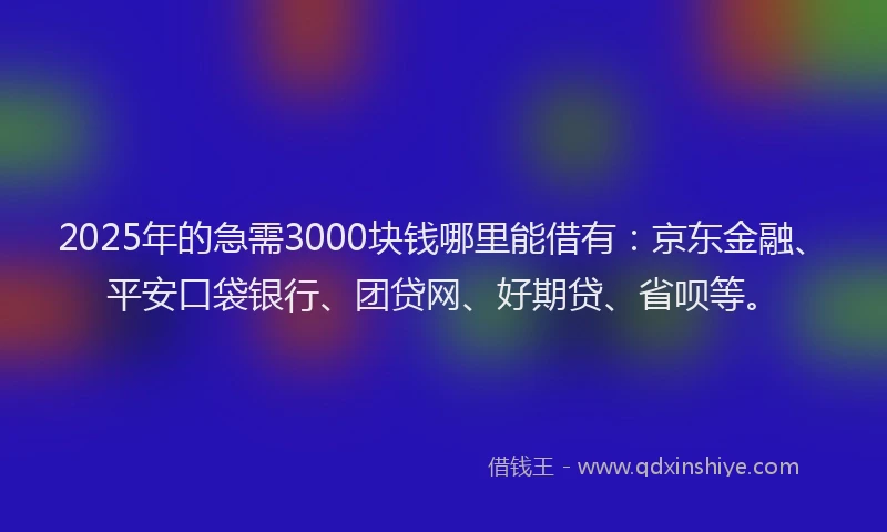 2025年的急需3000块钱哪里能借有：京东金融、平安口袋银行、团贷网、好期贷、省呗等。