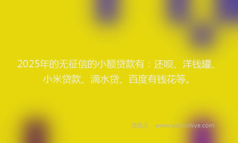 2025年的无征信的小额贷款有：还呗、洋钱罐、小米贷款、滴水贷、百度有钱花等。