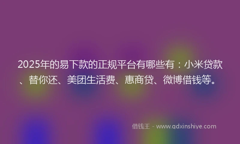 2025年的易下款的正规平台有哪些有：小米贷款、替你还、美团生活费、惠商贷、微博借钱等。