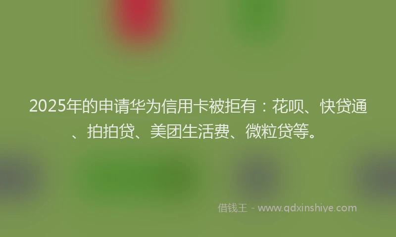 2025年的申请华为信用卡被拒有：花呗、快贷通、拍拍贷、美团生活费、微粒贷等。