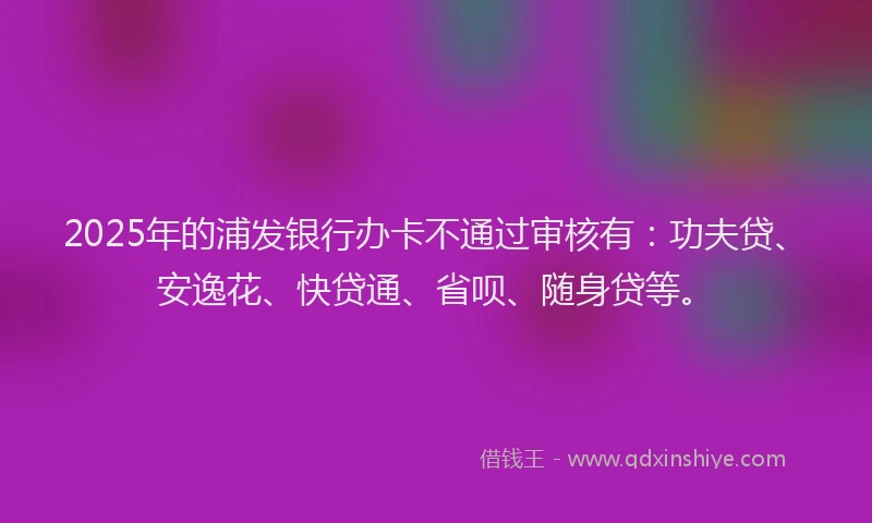 2025年的浦发银行办卡不通过审核有：功夫贷、安逸花、快贷通、省呗、随身贷等。