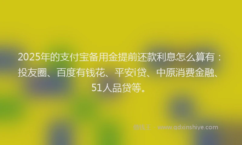 2025年的支付宝备用金提前还款利息怎么算有：投友圈、百度有钱花、平安i贷、中原消费金融、51人品贷等。
