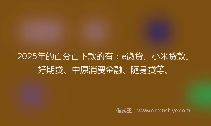 2025年的百分百下款的有：e微贷、小米贷款、好期贷、中原消费金融、随身贷等。