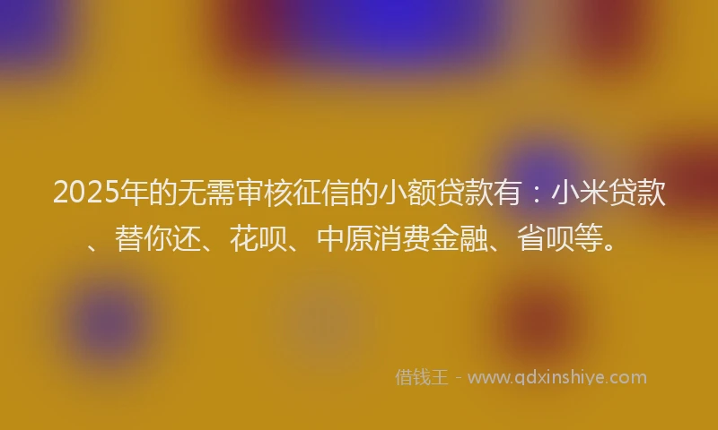 2025年的无需审核征信的小额贷款有：小米贷款、替你还、花呗、中原消费金融、省呗等。