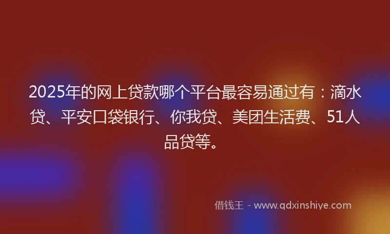 2025年的网上贷款哪个平台最容易通过有：滴水贷、平安口袋银行、你我贷、美团生活费、51人品贷等。