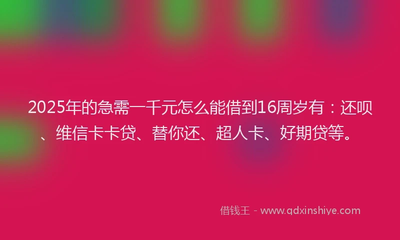 2025年的急需一千元怎么能借到16周岁有：还呗、维信卡卡贷、替你还、超人卡、好期贷等。