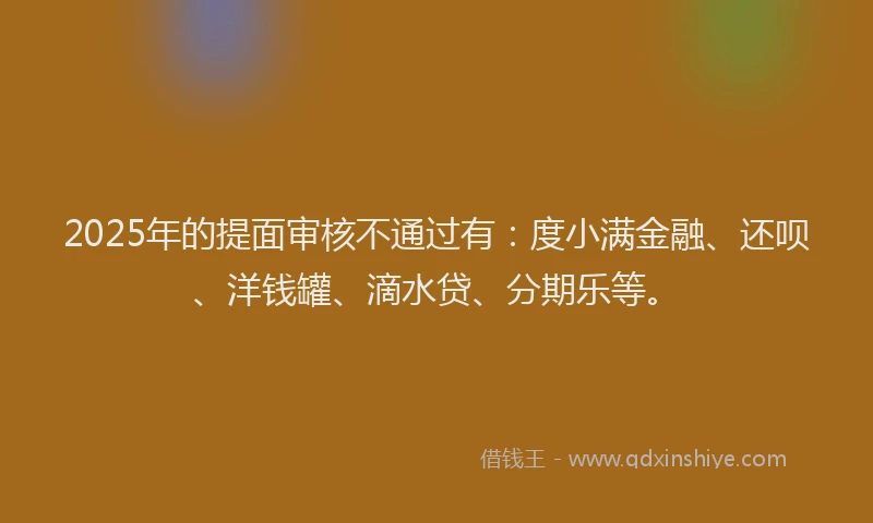 2025年的提面审核不通过有：度小满金融、还呗、洋钱罐、滴水贷、分期乐等。