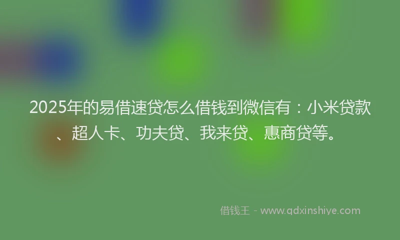 2025年的易借速贷怎么借钱到微信有：小米贷款、超人卡、功夫贷、我来贷、惠商贷等。