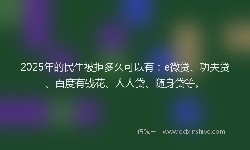 2025年的民生被拒多久可以有：e微贷、功夫贷、百度有钱花、人人贷、随身贷等。
