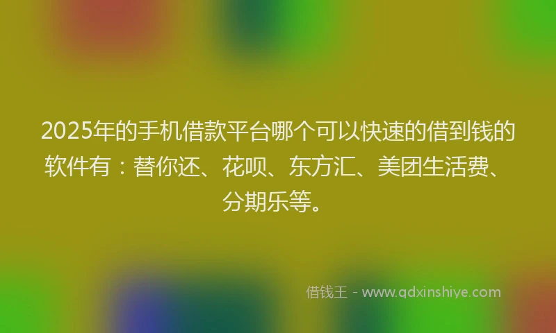 2025年的手机借款平台哪个可以快速的借到钱的软件有：替你还、花呗、东方汇、美团生活费、分期乐等。
