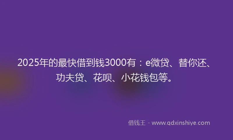 2025年的最快借到钱3000有：e微贷、替你还、功夫贷、花呗、小花钱包等。