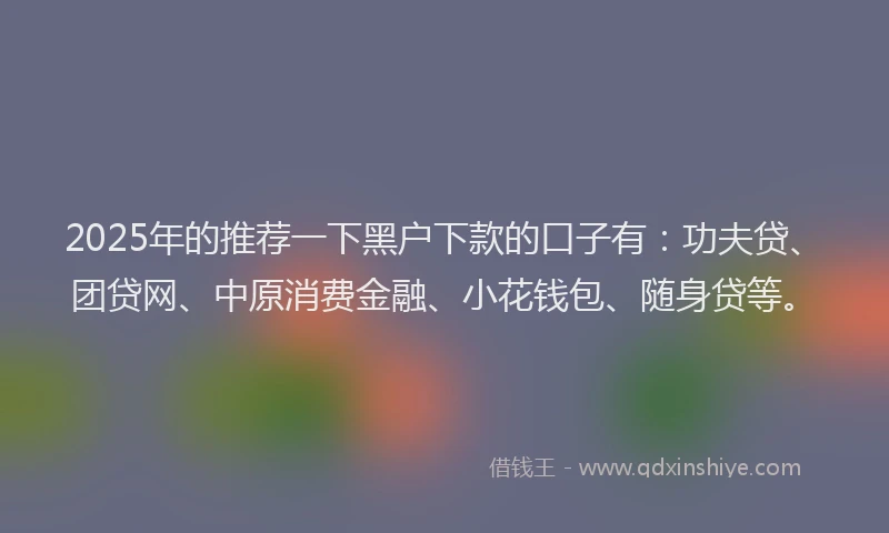 2025年的推荐一下黑户下款的口子有：功夫贷、团贷网、中原消费金融、小花钱包、随身贷等。