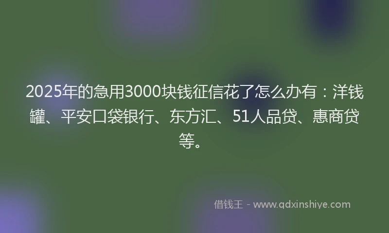 2025年的急用3000块钱征信花了怎么办有：洋钱罐、平安口袋银行、东方汇、51人品贷、惠商贷等。