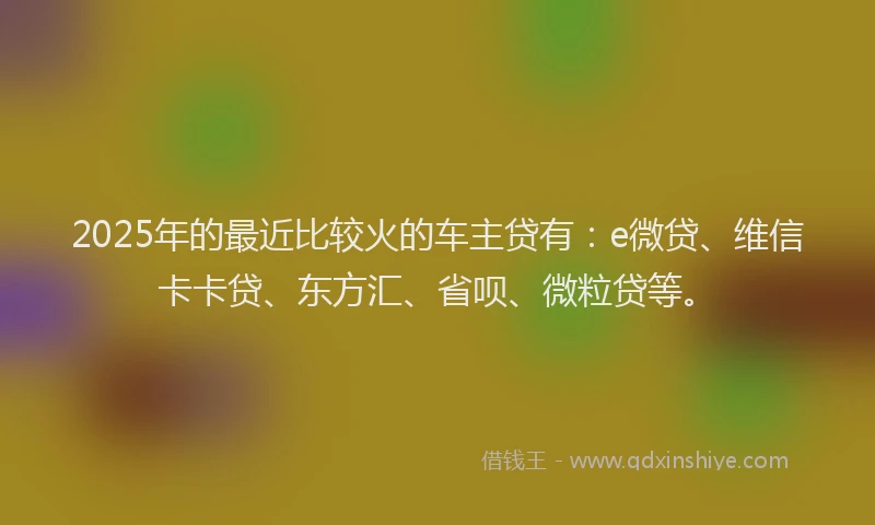 2025年的最近比较火的车主贷有：e微贷、维信卡卡贷、东方汇、省呗、微粒贷等。