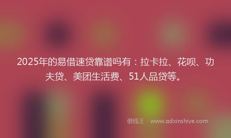 2025年的易借速贷靠谱吗有：拉卡拉、花呗、功夫贷、美团生活费、51人品贷等。