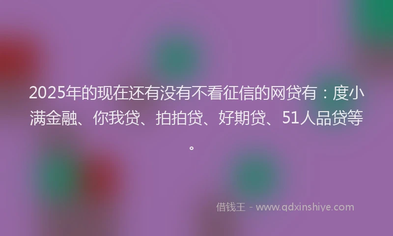 2025年的现在还有没有不看征信的网贷有：度小满金融、你我贷、拍拍贷、好期贷、51人品贷等。