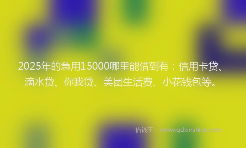 2025年的急用15000哪里能借到有：信用卡贷、滴水贷、你我贷、美团生活费、小花钱包等。