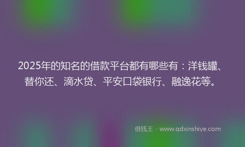 2025年的知名的借款平台都有哪些有：洋钱罐、替你还、滴水贷、平安口袋银行、融逸花等。