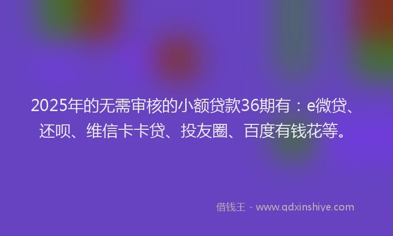 2025年的无需审核的小额贷款36期有：e微贷、还呗、维信卡卡贷、投友圈、百度有钱花等。