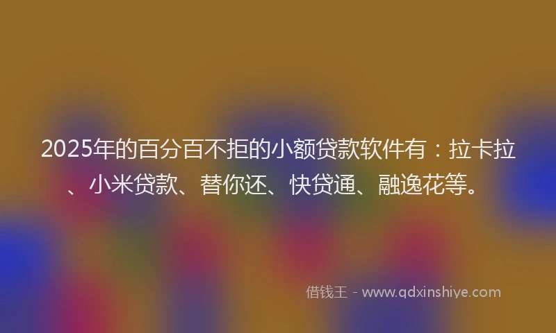 2025年的百分百不拒的小额贷款软件有：拉卡拉、小米贷款、替你还、快贷通、融逸花等。