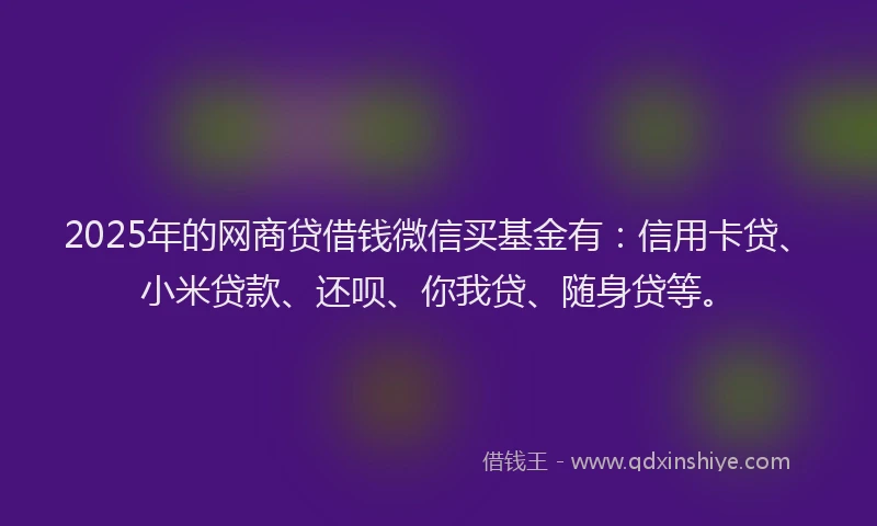 2025年的网商贷借钱微信买基金有:信用卡贷、小米贷款、还呗、你我贷、随身贷等。