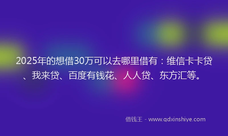 2025年的想借30万可以去哪里借有：维信卡卡贷、我来贷、百度有钱花、人人贷、东方汇等。