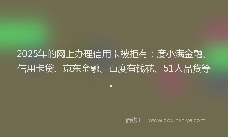 2025年的网上办理信用卡被拒有：度小满金融、信用卡贷、京东金融、百度有钱花、51人品贷等。