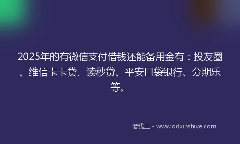 2025年的有微信支付借钱还能备用金有：投友圈、维信卡卡贷、读秒贷、平安口袋银行、分期乐等。