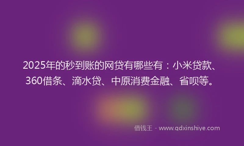 2025年的秒到账的网贷有哪些有：小米贷款、360借条、滴水贷、中原消费金融、省呗等。